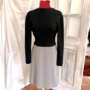 Mod Long Sleeve Black Sweater Dress with attached micro check skirt